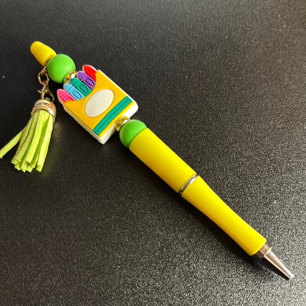 Yellow and Green Decorative Pen with crayons and tassel, Fun, Fancy Pen